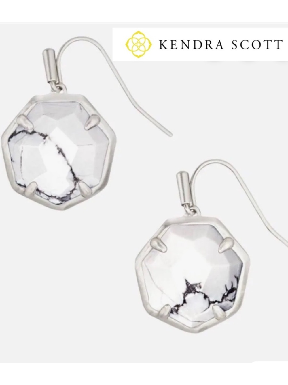 NWT KENDRA SCOTT CYNTHIA SILVER FRAME DROP EARRINGS IN WHITE HOWLITE